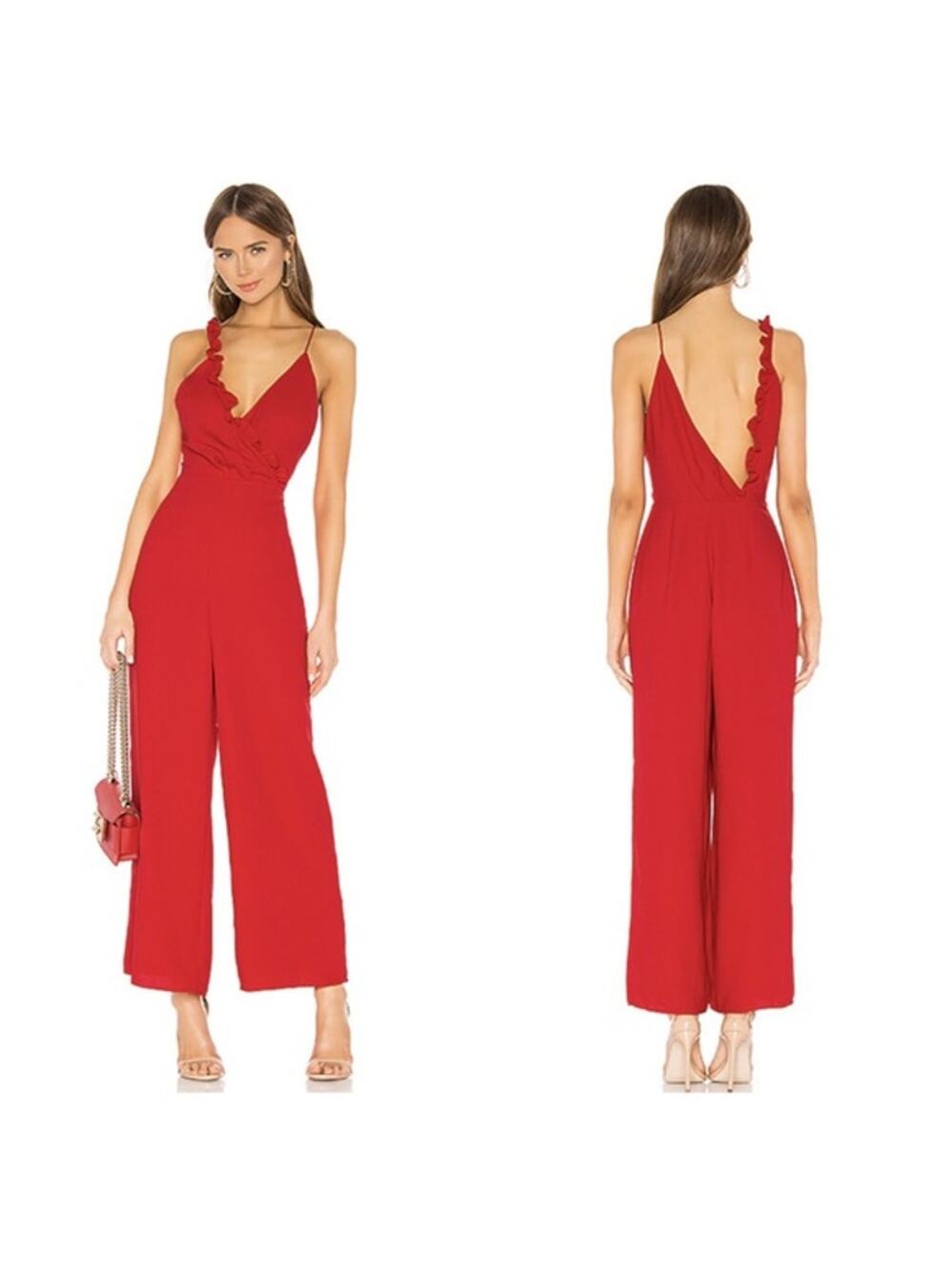 Keepsake the Label | Forget You Cherry Red Ruffle Cami Wide Leg Jumpsuit